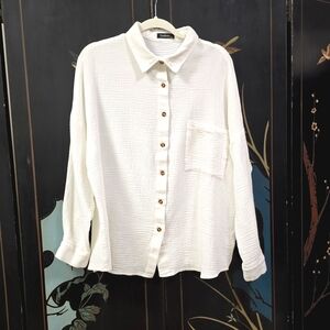 2/$30 White Gauzy 100% Cotton Long Sleeve Button Shirt Women XL Lagenlook Spring